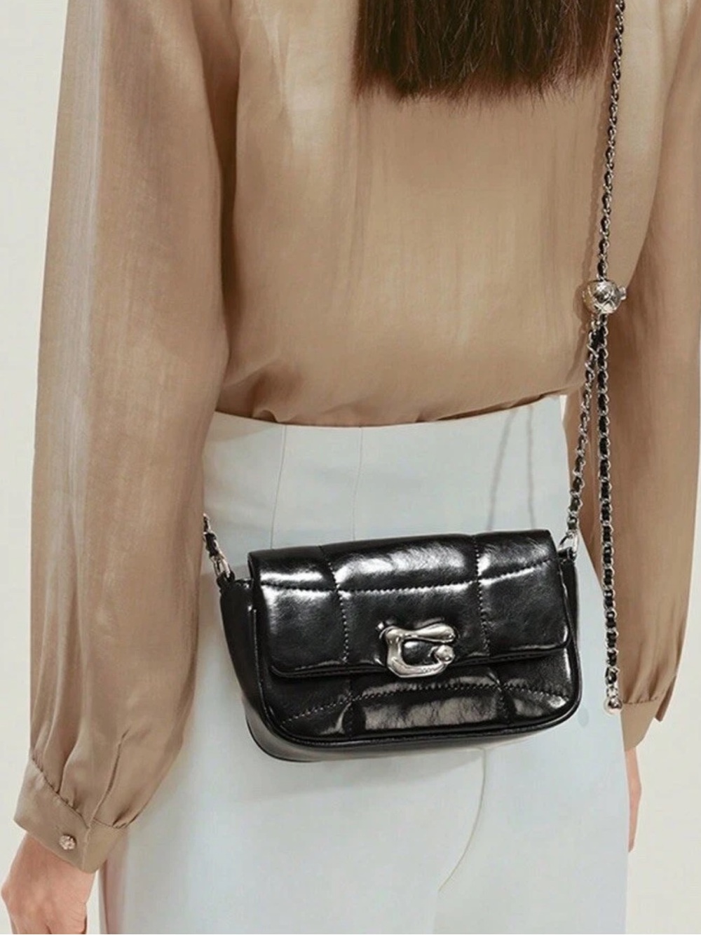 Genuine Lamb Leather Quilted Mini Crossbody – Silver Chain & Gloss Finish